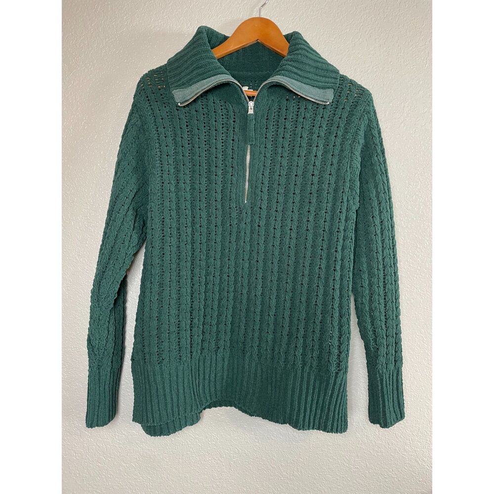Aerie Women's Size Small Green Pullover Sweater Chenille Cable Car Knit 1/4 Zip